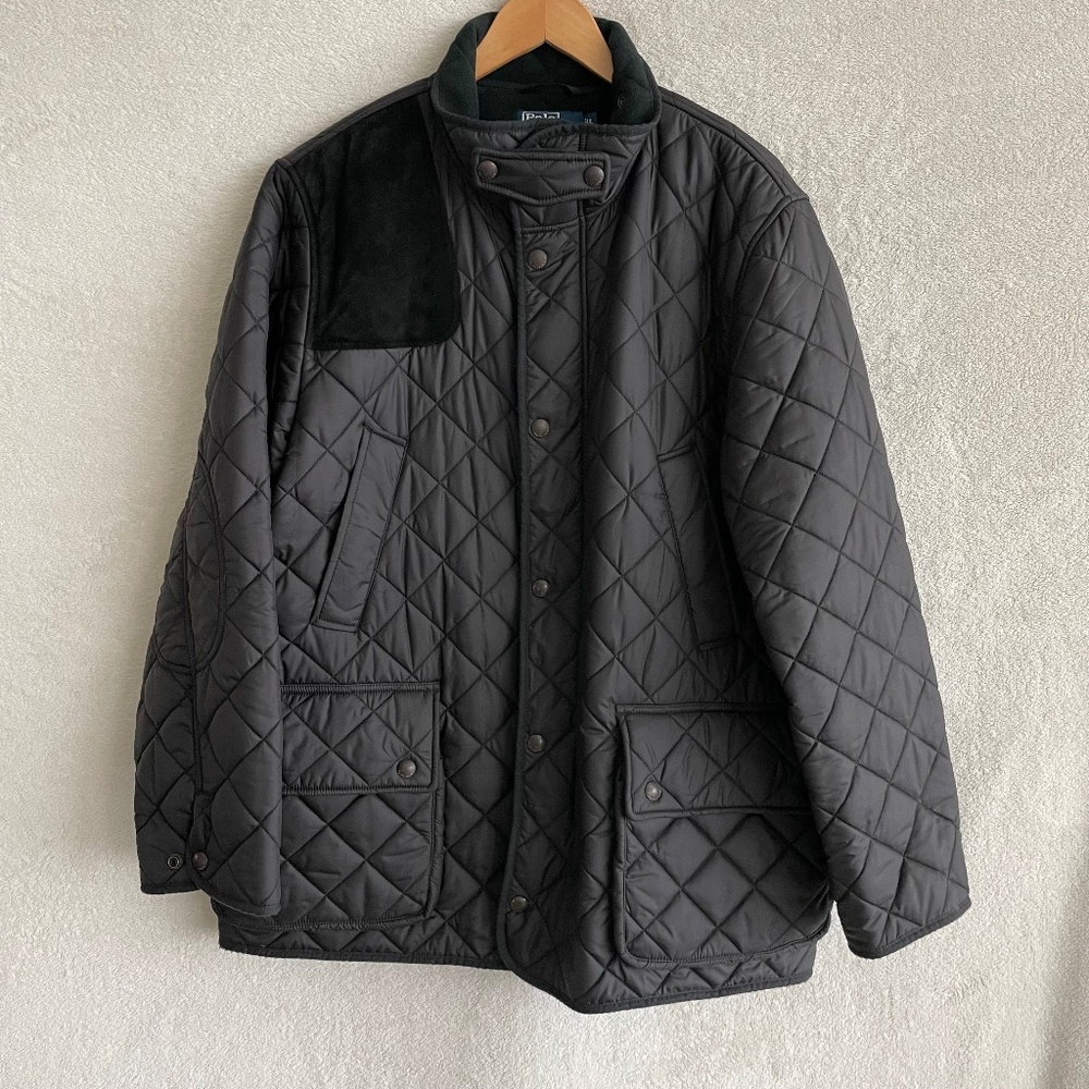 Polo by Ralph Lauren Diamond Quilted Jacket with suede shoulder patch.